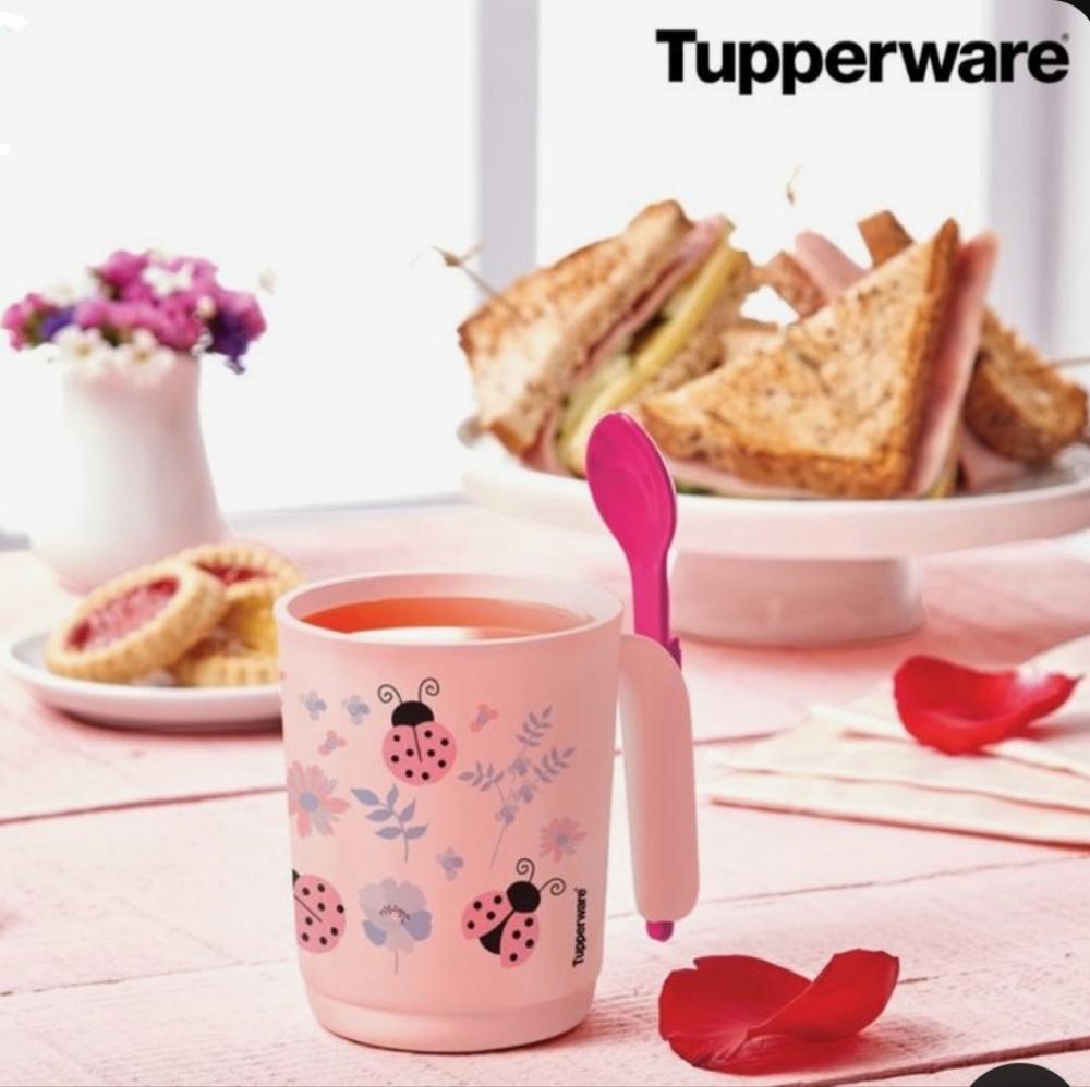 Tupperware Pink Ladybug Floral Snack Mug with Spoon